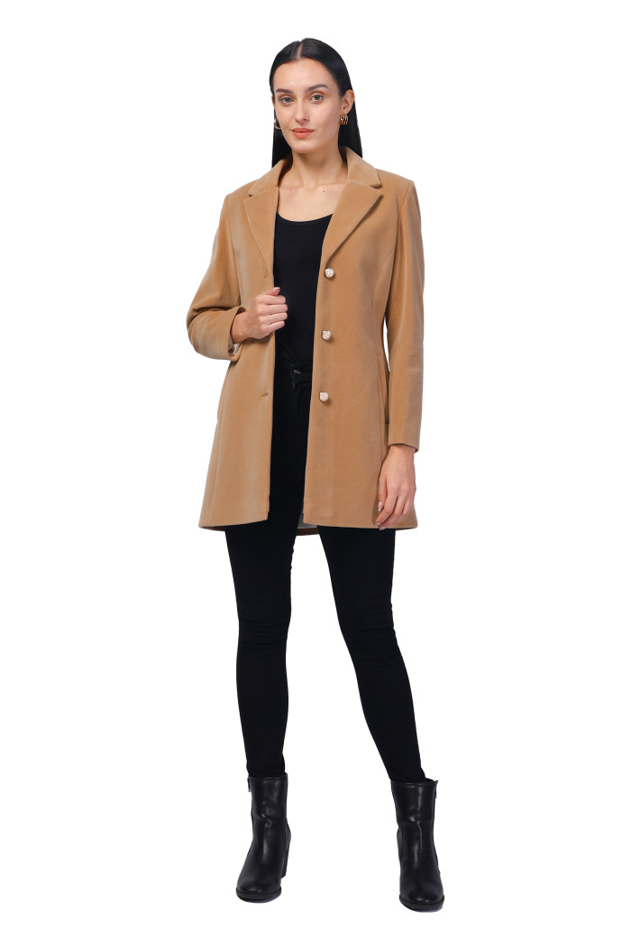 A model showcasing Women Semi Long Coat In Bonded Velvet Fabric thumbnail.